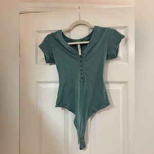 Free People XS Sage Green Bodysuit with Unique Sleeves Soft Stretch